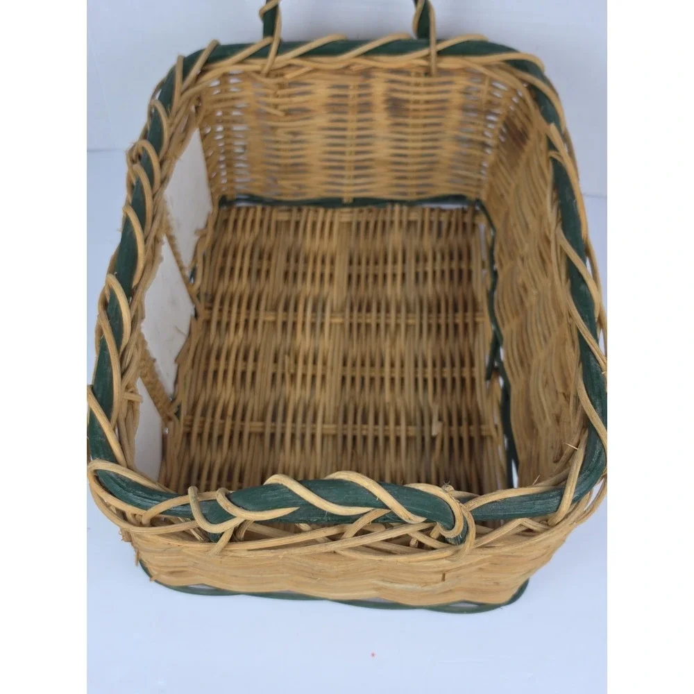 Woven Wicker Basket With Painted Ceramic Tile Accents Gardening Theme Handles